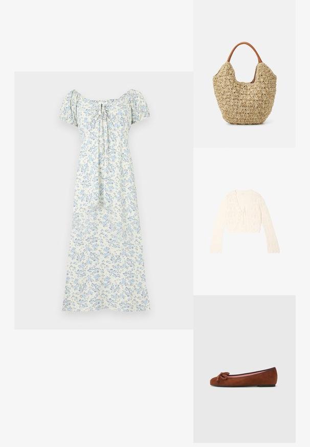 Flødefarvet hæklet cardigan med lange ærmer, bølget kant og bindelukning foran, med et åbent netmønster.; Hvid midi-kjole med lyseblåt blomsterprint, korte pufærmer, rynket halsudskæring og bindedetalje foran.; Brune ruskind balletflats med rund tå, forsynet med en dekorativ knude foran og en kontrasterende pink indersål. Flad sål.; Vævet stråtasker med en naturlig tekstur og en blød, organisk form, der har brune læderhåndtag for nem bæring.