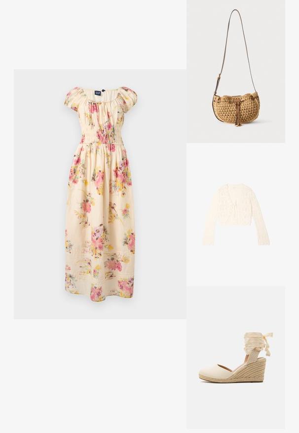 Flødefarvet hæklet cardigan med lange ærmer, bølget kant og bindelukning foran, med et åbent netmønster.; Kremfarvet, off-shoulder, blomsterprintet maxi-kjole med lyserøde og gule blomster, puffede ærmer og indsnævret talje fra GAP.; Beige espadrille kile med overdel i kanvas, åben tå og bløde båndsnore. Teksturiseret jutekile med et fletmønster.; Lille tanfarvet vævet skuldertaske med justerbar brun læderstrop og læderdetalje foran hængende mod hvid baggrund.