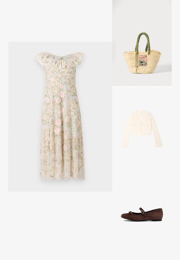 Kermanvalkoinen virkattu pitkähiha cardigan, jossa on aaltoilevat reunat ja etuosan solmittava kiinnitys. Siinä on avoin neulontakuosi.; Broderad klänning med volangkantad off-shoulder halsringning. Beige tyg prytt med rosa och blå blommönster, med en svävande kjol.; Ruske suede baletki z zaobljenim nosom, majhno pentljo na sprednji strani in nastavljivim trakom s srebrno zaponko. Nizek petni del.; Punottu beige olkikassi, jossa on punotut vihreät ja mustat kahvat sekä värikäs suorakulmainen paikka edessä.