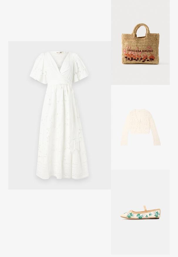 Cardigan à manches longues en crochet couleur crème avec bords festonnés et fermeture par nœud à l'avant, présentant un motif ajouré.; Robe blanche à mi-mollet avec des manches courtes à volants, motif floral, tissu texturé et détails en dentelle à l'ourlet.; Ballerine beige à bout pointu, avec une bride unique et une broderie florale verte et bleu clair sur les côtés en tulle transparent.; Sac cabas en raphia tannée tissé à la main avec poignées arrondies, brodé de "VANESSA BRUNO" et orné de motifs floraux roses, orange et violet.