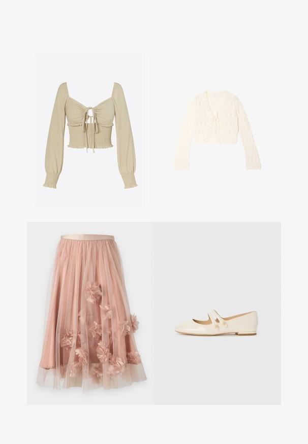 Flødefarvet hæklet cardigan med lange ærmer, bølget kant og bindelukning foran, med et åbent netmønster.; Lysebeige cropped top i glat stof; har lange, puffede ærmer, ét sammentrukket bryst med bindefront og smockdetalje ved taljen.; Tylskørt i blød lyserød med satinbånd i taljen. Har lag af gennemsigtigt stof og tredimensionelle blomsterapplikationer over det hele.; Elfenbensfarvede patenterede læderballetsko med to dekorative stropper og guldknapper, der har en rund tå og en lav blokhæl.