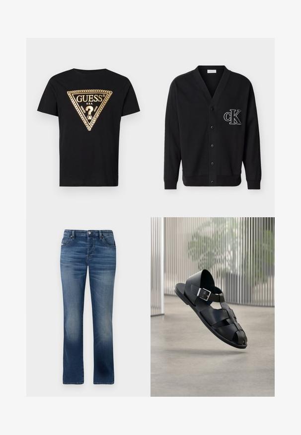 Schwarzer Strickjacke mit Knopfleiste, langen Ärmeln und weißem, besticktem "cK" Logo auf der linken Brust.; Guess CHAIN - T-Shirt print - jet black; Dunkelblaue Jeans aus Denim mit geradem Bein, ausgestattet mit Fronttaschen, dezentem Verblassen und einem klassischen Knopfverschluss an der Taille.; Schwarze Leder-Herrensandale mit silberner Schnalle, offenem Zehendesign, schwebend über einem glatten Betonboden.