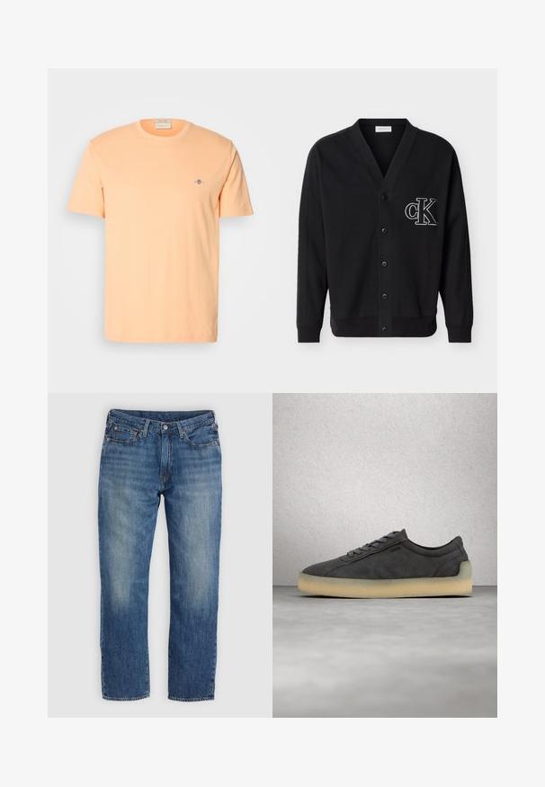 Cárdigan negro abotonado con mangas largas y el logo "cK" bordado en blanco en el lado izquierdo del pecho.; Camiseta de manga corta en algodón color durazno claro, con un pequeño logo azul en el pecho. Cuello redondo con una textura suave.; Vaqueros de mezclilla azul con corte recto en las piernas, con zonas descoloridas, diseño de cinco bolsillos y herrajes metálicos. Aspecto clásico y versátil.; Zapatilla de ante gris oscuro con suela beige clara y cordones grises, flotando sobre un suelo de hormigón pulido junto a una pared de azulejos de vidrio.