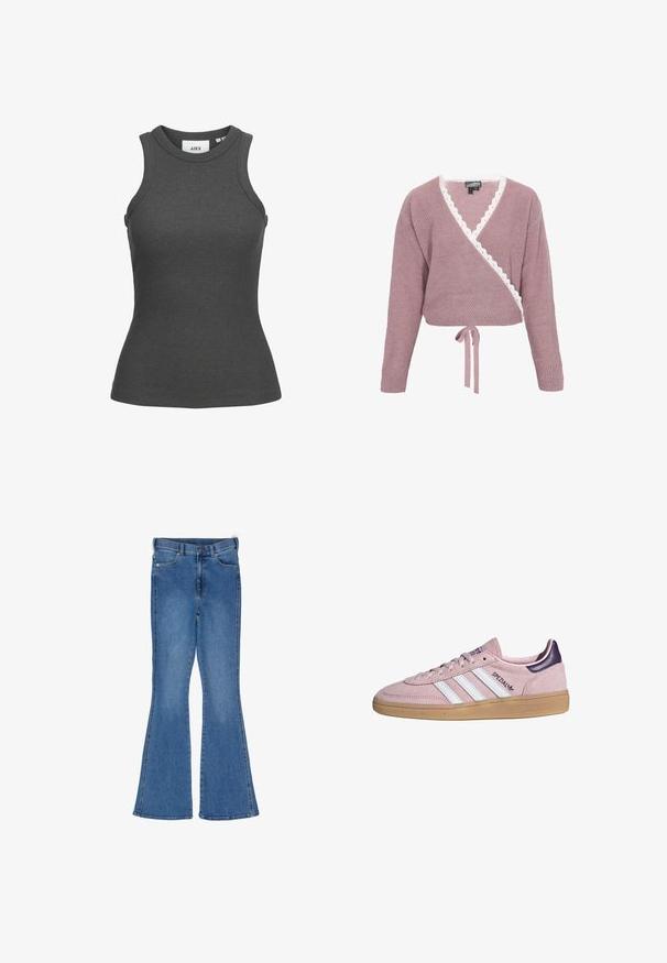 Suéter corto y cruzado en color rosa con mangas largas, que presenta un borde ondulado en blanco alrededor del escote en V y un cierre con lazo en la cintura.; Camiseta sin mangas gris oscuro de punto acanalado con cuello redondo y silueta ajustada, talla pequeña.; Vaqueros de pierna acampanada en denim azul, con un diseño clásico de cinco bolsillos, trabillas para el cinturón y un ligero desvanecimiento en la parte delantera y trasera.; Zapatilla Adidas de ante rosa con rayas blancas, suela de goma, lengüeta morada en el talón y marca "SPEZIAL" en el lateral.