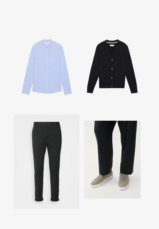 Μαύρο κα cardigan με V λαιμόκοψη, μακριά μανίκια και πέντε κουμπιά. Διαθέτει ριμπ ολοκληρώσεις στα μανίκια και τη μέση, πλεκτή υφή και διακριτική ρίγα στο εσωτερικό του γιακά.; Ανοιχτό μπλε μακρυμάνικο πουκάμισο με κολάρο τύπου band, κουμπιά μπροστά και υφασμάτινη υφή. Διαθέτει ανοιχτό μπλε κουμπιά και ευθεία κοπή.; Μαύρο παντελόνι φτιαγμένο από απαλό ύφασμα με ίσια γραμμή. Διαθέτει κλείσιμο με ένα κουμπί και αναδιπλωμένα μανίκια.; Ανοιχτό γκρι σουέτ αθλητικά παπούτσια με λευκή καουτσούκ σόλα, διακοσμημένα με στρογγυλά κορδόνια και μινιμαλιστικό σχέδιο, συνδυασμένα με μαύρο παντελόνι.