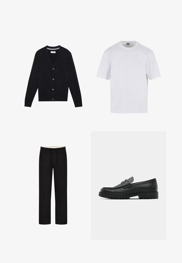 Μαύρο κα cardigan με V λαιμόκοψη, μακριά μανίκια και πέντε κουμπιά. Διαθέτει ριμπ ολοκληρώσεις στα μανίκια και τη μέση, πλεκτή υφή και διακριτική ρίγα στο εσωτερικό του γιακά.; Λευκό κοντομάνικο μπλουζάκι από βαμβάκι. Διαθέτει στρογγυλή λαιμόκοψη και άνετη εφαρμογή. Λείο υλικό, μινιμαλιστικός σχεδιασμός, χωρίς μοτίβα ή διακοσμητικά.; Μαύρο παντελόνι με ίσια γραμμή, με ελαστική ζώνη μέσης και κορδόνι, σε διακριτικό σχέδιο. Μαλακή υφή υφάσματος. Χωρίς ορατά σχέδια ή αξεσουάρ.; Μαύρα δερμάτινα λουστρίνια με στρογγυλή μύτη, που διαθέτουν ραμμένο σχέδιο, χαμηλή πλατφόρμα και υφή με λαστιχένια σόλα με προεξοχές.