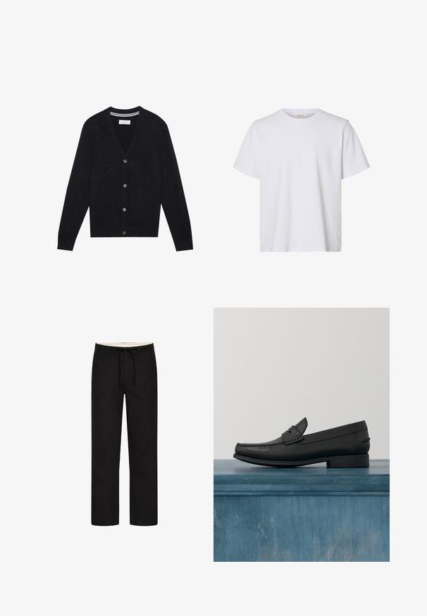 Zwarte cardigan met een V-hals, lange mouwen en vijf knoopsluitingen. Bevat ribgebreide manchetten en tailleband, gebreide textuur en een subtiele streepdetailed binnen de kraag.; Effen wit T-shirt met korte mouwen en ronde hals, met een regular fit en een gladde stoftextuur, weergegeven op een witte achtergrond.; Zwarte rechte broek met een elastische tailleband, aantrekkoord en een bescheiden ontwerp. Zachte stoftextuur. Geen zichtbare patronen of accenten.; Zwarte leren instappers met een ronde neus, gedetailleerde stiksels en een lage, vierkante hak. Glad van textuur en minimalistisch ontwerp.