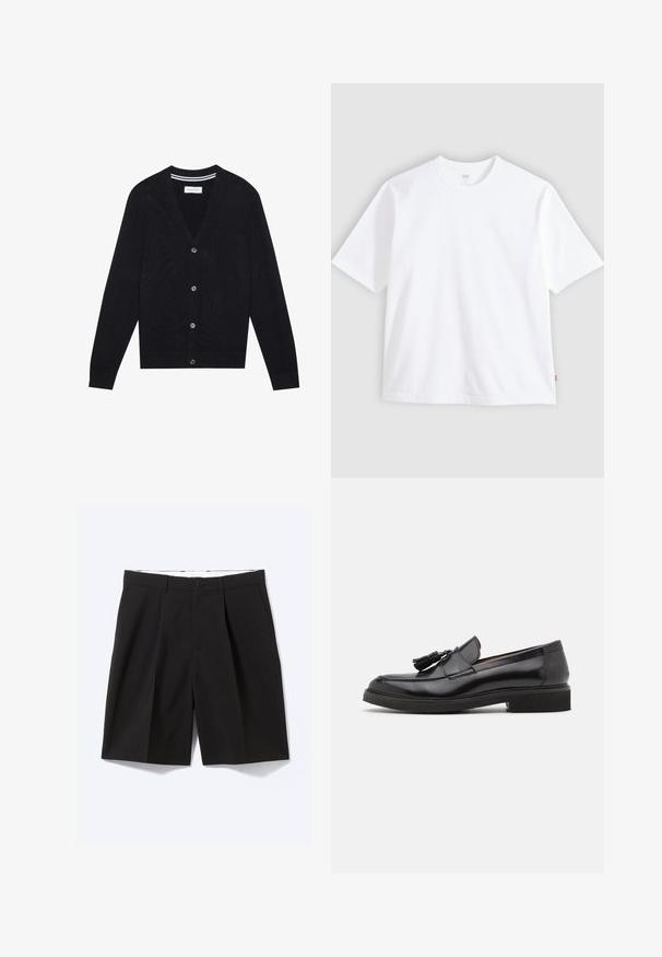 Sort cardigan med v-hals, lange ærmer og fem knaplukninger. Har ribbede manchetter og liv, strikket struktur og diskret stribet detalje indeni kraven.; Hvid t-shirt med korte ærmer lavet af bomuld, med rund hals og lige snit. Mærke synligt på den nederste side af kanten.; Sorte skræddersyede knælange shorts med bæltestropper, sidelommer, knaplukning og forreste plisseringer, lagt fladt på en hvid baggrund.; Sorte læder loafers med frynse detalje, afrundet tå og en tekstureret sål. Har en glat finish og minimalistisk design.
