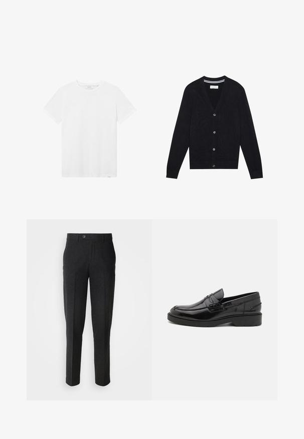 Cárdigan negro con cuello en V, mangas largas y cinco botones de cierre. Presenta puños y cintura acanalados, textura de punto y un sutil detalle de rayas en el interior del collar.; Camiseta de algodón blanca con cuello redondo, mangas cortas y un sutil detalle del logo en el pecho. Textura suave y ajuste estándar.; Lindbergh Pantalones - black melange; Mocasines de cuero negro con un acabado suave, punta redondeada, tacón bajo y costura decorativa en la parte delantera. Suela de goma para mayor agarre.