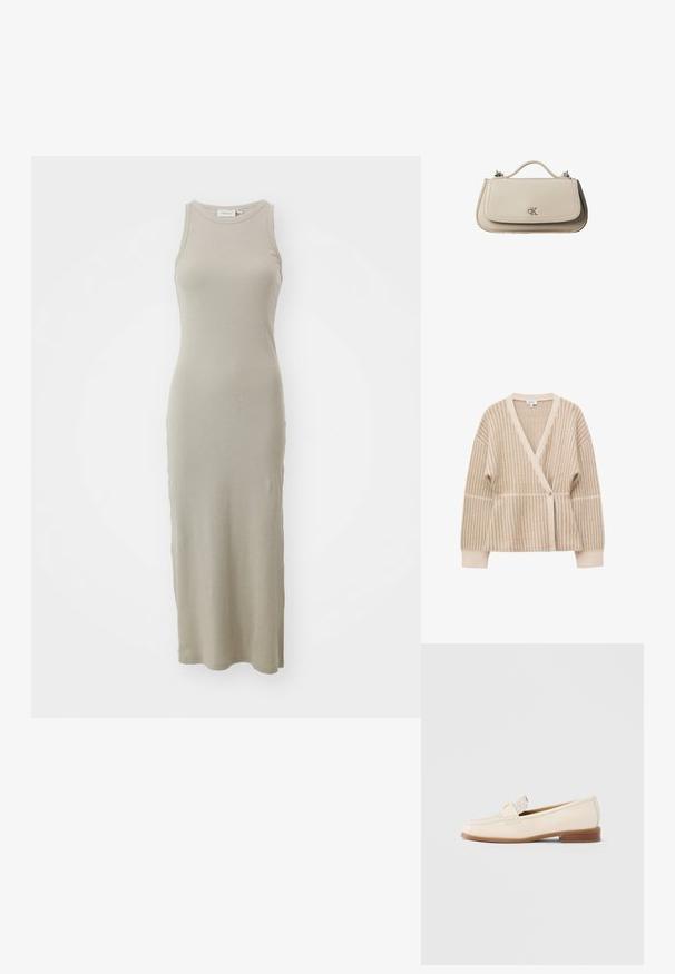 Beige og cremefarvet strikket cardigan til kvinder med vertikale striber, V-hals, lange ærmer og enkelt knaplukning foran.; Beige ribstrikket midi-kjole med rund halsudskæring og ærmeløs design, der har en tætsiddende silhuet og en glat tekstur.; Beige læderloafer med tekstureret overdel, dekorativ rem og lille hæl. Har et minimalistisk design og diskret logodetalje.; Lille beige læderhåndtaske med top håndtag og sølv CK-logo på frontklap, vist mod en hvid baggrund.