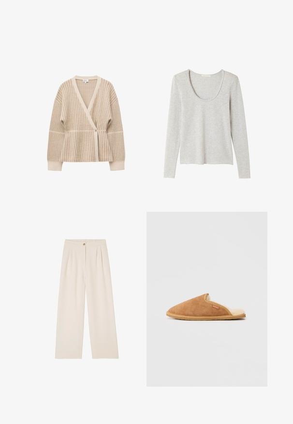 Cardigan tricoté pour femme beige et crème avec des rayures verticales, col en V, manches longues et fermeture à un seul bouton à l'avant.; Haut gris clair à manches longues en tissu doux. Doté d'un col rond et d'une coupe décontractée. Ourlet droit, sans motifs ni accessoires visibles.; Pantalons beige à jambes larges avec une texture douce, présentant une fermeture à bouton à l'avant, des plis à la taille et une ceinture arrière élastiquée.; Pantoufle en daim marron avec une doublure en polaire crème douce et une semelle en caoutchouc beige. Elle présente un bout rond et un design avec des découpes sur le côté.