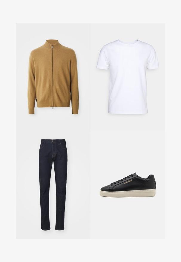 Kamelfarvet fuld-zip cardigan med høj krave, lange ærmer, ribbede manchetter og subtil broderet logo på brystet.; Hvid kortærmet t-shirt i bomuldsstof med rund halsudskæring. Enkel design uden mønstre eller detaljer. Glat tekstur.; Mørkeblå denimjeans med slim fit, fem-lomme design og knaplukning. Har kontrastsyninger og lige benform.; Sorte lædersneakers med en glat finish, kontrasterende cremefarvet sål, rund tå, guld logo på siden og seks huller til snørebånd.