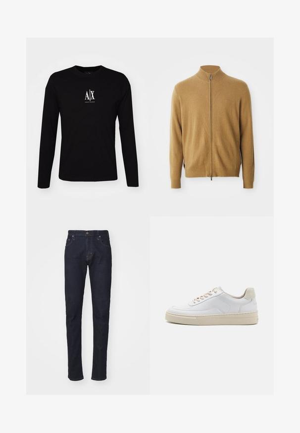 Camel-kleurige full-zip cardigan met hoge kraag, lange mouwen, ribgebreide manchetten en een subtiel geborduurd logo op de borst.; Zwarte langslavende T-shirt van katoen met een ronde hals. Heeft een wit logo "A|X" gecentreerd op de borst. Eenvoudig ontwerp, minimale accenten.; Donkerblauwe denim jeans met een slim fit, vijf zakken ontwerp en een knoopsluiting. Kenmerken zijn contrasterende stiksels en een rechte pijp.; Witte sneaker met een gevoerd leren bovenwerk, beige veters en een gestructureerde beige suede hieltab. Verhoogde zool voor extra hoogte.