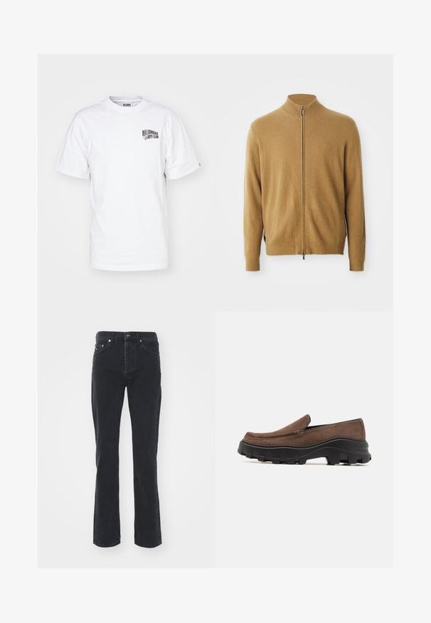 Cárdigan completo de color camel con cuello alto, mangas largas, puños acanalados y sutil logo bordado en el pecho.; Camiseta blanca de algodón con cuello redondo, mangas cortas y un pequeño logo negro en la parte superior izquierda del pecho. Corte clásico y textura suave.; Vaqueros de mezclilla negra con un diseño de pierna recta, que cuentan con cinco bolsillos y un cierre de botón. La tela tiene una textura sutil y un acabado resistente.; Zapato tipo slip-on de ante marrón con una gruesa suela de goma negra que presenta patrones de tracción marcados y un diseño de puntera suave y redondeada.
