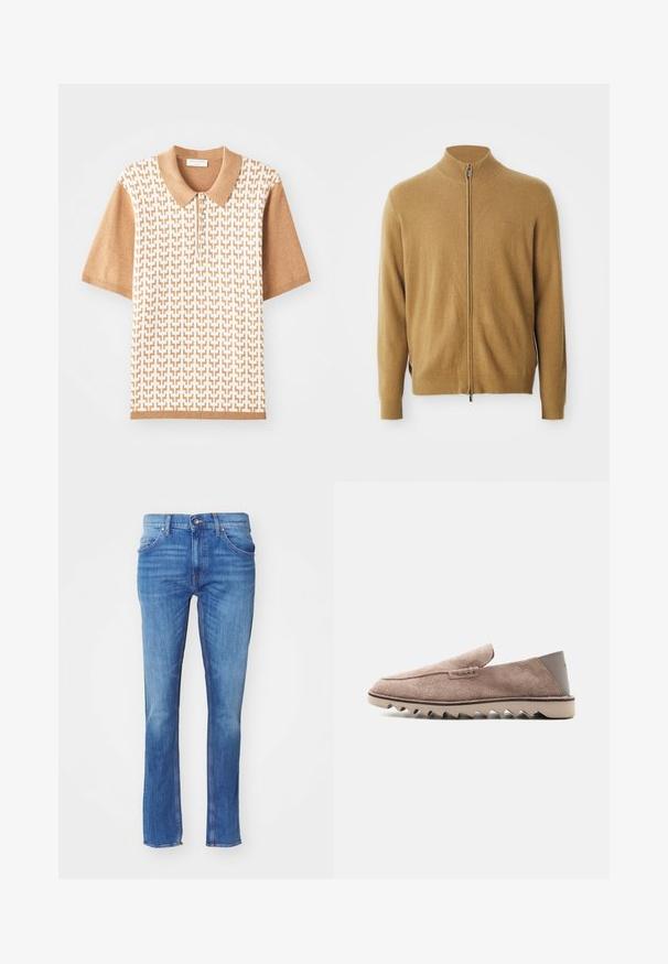 Kamelivärinen koko vetoketjullinen neuletakki, jossa on korkea kaulus, pitkät hihat, joustavat hihansuut ja hillitty brodeerattu logo rinnassa.; Lyhyitä hihoja omaava polo-paita, jossa on beige tekstuurikuvio, vaaleanruskea kaulus ja hihansuut. Paidassa on kolme nappeja ja geometrisia kuvioita.; Sininen farkkukangas, jossa on suora lahje, nappisuljenta, viisi taskua ja hillitty haalistuminen, valkoista taustaa vasten.; Vaaleanruskea mokkanahkainen loafer, jossa sahalaitakuvioinen kumipohja ja sileä kantapää, sivukuva valkoisella taustalla.
