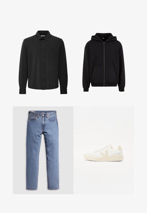 Urban Classics VINTAGE - Sweat zippé - black; Chemise noire à manches longues à boutons en tissu doux, dotée d'un col, d'une poche frontale et d'une fermeture à boutons, avec un ourlet droit.; Jean droit en denim bleu avec bouton et fermeture éclair à l’avant, passants de ceinture et style classique à cinq poches sur fond gris clair.; Sneaker blanche avec des accents beiges, présentant un dessus texturé, un bout rond et une semelle en caoutchouc épaisse. Le design inclut le logo V iconique et le branding.