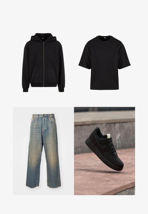 Urban Classics VINTAGE - Sweatjacke - black; Urban Classics SCUBA TEE - T-Shirt basic - black; Hochgeschnittene, gerade geschnittene, ausgewaschene blaue Jeans mit Ziertaschen vorne und einem Knopfverschluss vor hellem Hintergrund.; Schwarzer Nike Air Force 1 Sneaker, der über einer rosa Betonkante mit grauem Stein-Hintergrund schwebt und Seiten- sowie Oberseiten-Details zeigt.