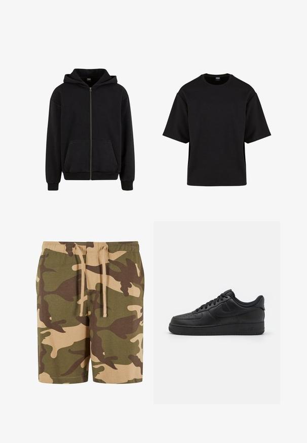 Urban Classics VINTAGE - Sweatjacke - black; Urban Classics SCUBA TEE - T-Shirt basic - black; Camo-Shorts aus Baumwollmischung mit grünem, braunem und beigem Muster. Verfügt über einen elastischen Taillenbund mit Kordelzug. Lässiger Schnitt und knielange Form.; Nike Sportswear AIR FORCE 1 07 FLYEASE - Sneaker low - black
