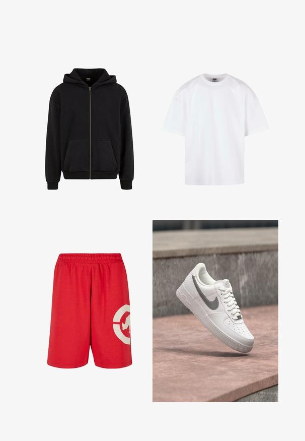 Urban Classics VINTAGE - Sweat zippé - black; T-shirt blanc à manches courtes avec un col rond, en coton, présentant une coupe décontractée et des détails de couture minimaux.; Shorts rouges en coton avec une taille élastique, présentant un grand design graphique blanc sur la jambe gauche et une texture lisse.; Baskets blanches Nike Air Force 1 avec logo swoosh gris flottant au-dessus d'une surface en pierre et un mur en pierre gris en arrière-plan.