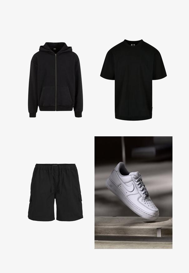 Urban Classics VINTAGE - Sweatjakke - black; Sort T-shirt lavet af bomuld, med rund halsudskæring og korte ærmer i en løs pasform. Enkel design, uden mønstre eller grafik.; Sorte cargo shorts med elastisk talje, snor, sidelommer og et tekstureret stof. Designet til komfort og funktionalitet.; Hvid læder Nike Air Force 1 sneaker med perforeret tå, flade snørebånd og tekstureret gummisål med "AIR" branding på siden.