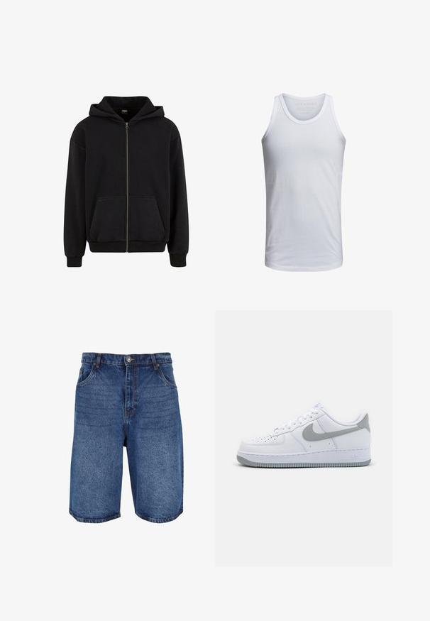 Urban Classics VINTAGE - Mikina so zipsom - black; Biely bavlnený tielko s okrúhlym výstrihom, širokými ramienkami a minimálnym brandingom vytlačeným vnútornou stranou goliera. Mäkká textúra, voľný strih.; Džínové šortky v stredne modrej farbe s klasickým dizajnom, piatimi vreckami a zipsom s gombíkovým zapínaním. Hrubšia textúra a rovný strih.; Biele kožené tenisky s šedým logom Swoosh, perforovanou špičkou a gumovou podrážkou s textúrou. Krátka výška členka.