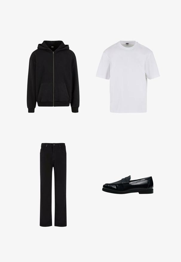 Urban Classics VINTAGE - Sweater met rits - black; Witte kraagloze t-shirt met korte mouwen, gemaakt van katoen. Heeft een ronde halslijn en een losse pasvorm. Soepele textuur, minimalistisch ontwerp, geen patronen of accenten.; Zwarte denim broek met een recht model, voorzien van een knoopsluiting, riemlussen en voorzakken. Gladde textuur en uniforme kleur.; Zwarte leren heren penny loafer met gestikte moc toe en lage hak, zijaanzicht op witte achtergrond.