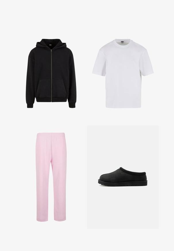 Urban Classics VINTAGE - Lukuga pusa - black; Valge lühikeste varrukatega T-särk, mis on valmistatud puuvillast. Omab ümarat kaelust ja vaba lõiget. Sile tekstuur, minimalistik disain, ilma mustrite ja aktsentideta.; Heledad roosa teksapükste komplekt, mis on valmistatud siledast puuvillaste kangast. Omab elastset vööd ja sirget, vabalt langevat lõiget. Ilma nähtavate taskute või mustriteta.; Mustad UGG sussid pehme kannaga ja kaeluse ümber heegeldatud äärega, külgvaade valgel taustal.