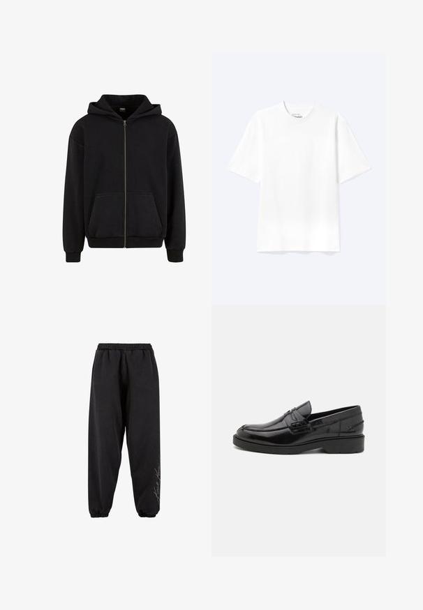 Urban Classics VINTAGE - Sweatjakke - black; Enkel hvid T-shirt med korte ærmer og rund hals med afslappet pasform, vist på en lys baggrund.; Sorte sweatpants lavet af blødt stof med elastisk talje. Taperede ankler og trykt tekstdetalje på den ene side. Casual, afslappet pasform.; Sorte læder loafers med en glat finish, rund tå, lav hæl og dekorativ syning langs forsiden. Gummisål for godt greb.