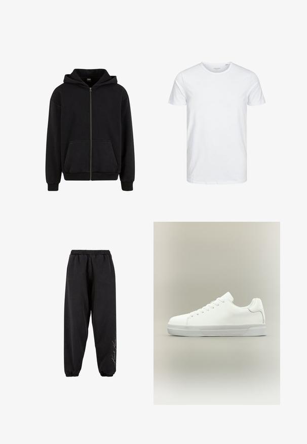 Urban Classics VINTAGE - Lukuga pusa - black; Ümmarguse kaelusega lühikeste varrukatega T-särk, mis on puhtast valgest pehmest puuvillast, omab lihtsat disaini ilma nähtavate mustrite või aktsentideta.; Mustad mustad, pehmest kangast, elastse vööga. Kitsenevad pahkluud ja prinditud teksti detail ühel poolel. Igapäevane, vabalt kulgev lõige.; Valged madalad spordijalatsid eespaela kinnitusega, pehmendatud kraega ja tekstureeritud kummist tallaga, näidatud küljeprofiilil neutraalsel taustal.