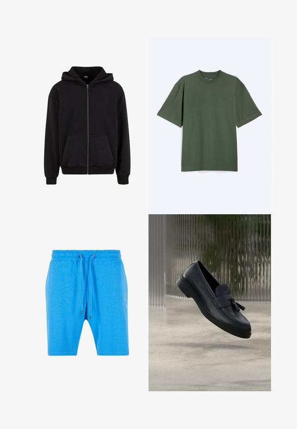 Urban Classics VINTAGE - Vetoketjullinen college - black; Tummanvihreä, ylikokoinen puuvillainen t-paita, lyhyet hihat ja pyöreä kaula-aukko, esitetty vaalean harmaalla taustalla.; Siniset puuvillashortsit, joissa on joustava vyötärö, narusuljettaminen ja hillitty graafinen yksityiskohta sivussa. Liukas pinta ja rento istuvuus.; Mustat nahkaiset loafersit, joissa on sileä pinta, pyöreä kärki ja koristeelliset tupsut edessä. Joustava kumipohja matalalla korolla.