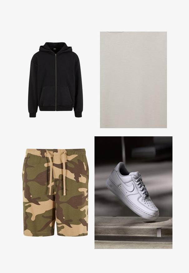 Urban Classics VINTAGE - Sweater met rits - black; Beige T-shirt met ronde hals en een effen, gladde stofstructuur, van voren getoond.; Camo shorts van een katoenmix met groene, bruine en beige patronen. Voorzien van een elastische tailleband met koord. Casual pasvorm en knielange snit.; Witte Nike Air Force 1 sneaker van leer met geperforeerde neus, platte veters en een gestructureerde rubberen zool met "AIR"-logo aan de zijkant.
