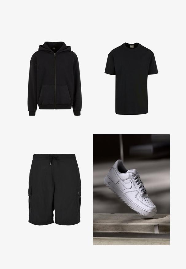 Urban Classics VINTAGE - Sweat zippé - black; Urban Classics SHORTSLEEVE - T-shirt basique - black; Short cargo noir avec taille élastique, cordon ajustable et poches latérales boutonnées.; La basket Nike Air Force 1 en cuir blanc présente un embout perforé, des lacets plats et une semelle en caoutchouc texturée avec le logo « AIR » sur le côté.