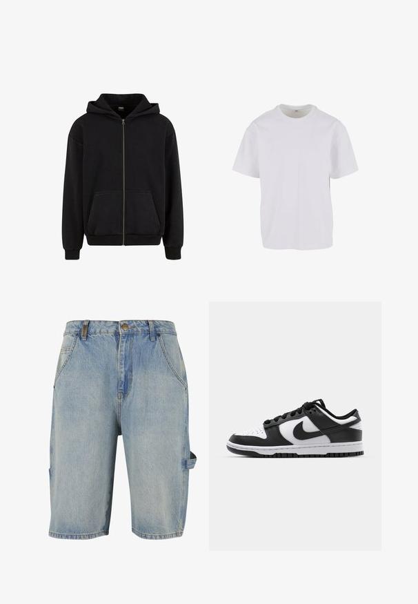Urban Classics VINTAGE - Sweatjacke - black; Weißes kurzärmeliges T-Shirt aus weicher Baumwolle, mit rundem Ausschnitt und lockerer Passform sowie geradem Saum. Keine Muster oder Akzente sichtbar.; Jeansshorts in Hellblau mit einem klassischen Fünf-Taschen-Design, sichtbaren Nähdetails und einer seitlichen Cargo-Tasche mit Schlaufe.; Schwarze und weiße Nike Dunk Sneakers mit einem Obermaterial aus Leder, perforierter Zehenpartie, schwarzen Schnürsenkeln und einer schwarzen Gummisohle mit Profildesign.