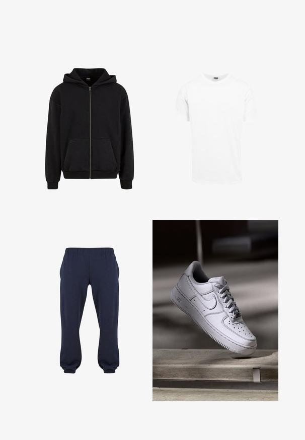 Urban Classics VINTAGE - Φούτερ με φερμουάρ - black; Λευκό βαμβακερό μπλουζάκι, κοντά μανίκια, στρογγυλή λαιμόκοψη, ίσια γραμμή, απαλό υλικό, απλός σχεδιασμός, χωρίς γραφικά ή σχέδια.; Σκούρες μπλε φόρμες με ελαστική μέση και στενές μανσέτες, φτιαγμένες από μαλακό υλικό, χωρίς ορατά σχέδια ή μεταλλικά εξαρτήματα.; Λευκό δερμάτινο αθλητικό παπούτσι Nike Air Force 1 με διάτρητο μπροστινό μέρος, επίπεδα κορδόνια και υφή στην καουτσούκ σόλα με το λογότυπο "AIR" στην πλευρά.