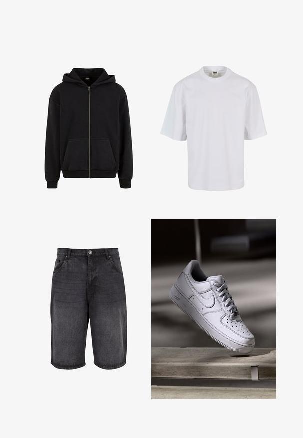 Urban Classics VINTAGE - Sweat zippé - black; T-shirt blanc à manches courtes en coton. Il présente un col rond et une coupe ample, avec une texture lisse et sans motifs ni graphiques visibles.; Shorts en denim noir avec une coupe décontractée, un design à cinq poches et une fermeture à bouton. Le tissu a une texture lisse avec un léger dégradé.; La basket Nike Air Force 1 en cuir blanc présente un embout perforé, des lacets plats et une semelle en caoutchouc texturée avec le logo « AIR » sur le côté.