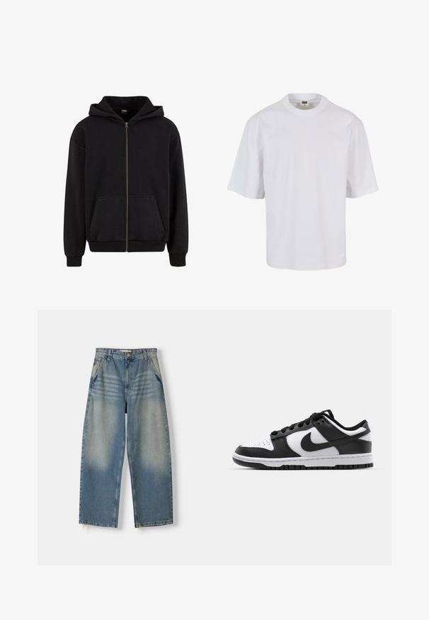 Urban Classics VINTAGE - Mikina so zipsom - black; Biela, krátkopyjmová tričko vyrobené z bavlny. Má okrúhly výstrih a voľný strih s hladkou textúrou a bez viditeľných vzorov či grafik.; Svetlomodré denimové široké nohavice s vyblednutým povrchom, päťvreckovým dizajnom a surovým lemom. Obsahuje predné zapínanie na gombík a zips.; Čierno-biele tenisky Nike Dunk s koženým vrchom, perforovanou špičkou, čiernymi šnúrkami a čiernou gumovou podrážkou s dezénom.