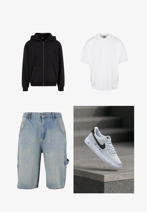 Urban Classics VINTAGE - Mikina so zipsom - black; Biela bavlnená tričko s voľným strihom, krátkymi rukávmi a okrúhlym výstrihom, s rovný lemom a bez viditeľných grafík alebo vzorov.; Džínsy šortky v svetlo modrej farbe, s klasickým dizajnom s piatimi vreckami, viditeľnými švami a bočným cargo vreckom s slučkou.; Biela teniska Nike Air Force 1 s čiernym logom Swoosh, vznášajúca sa nad betónovým okrajom s rozmazanými schodmi na pozadí.