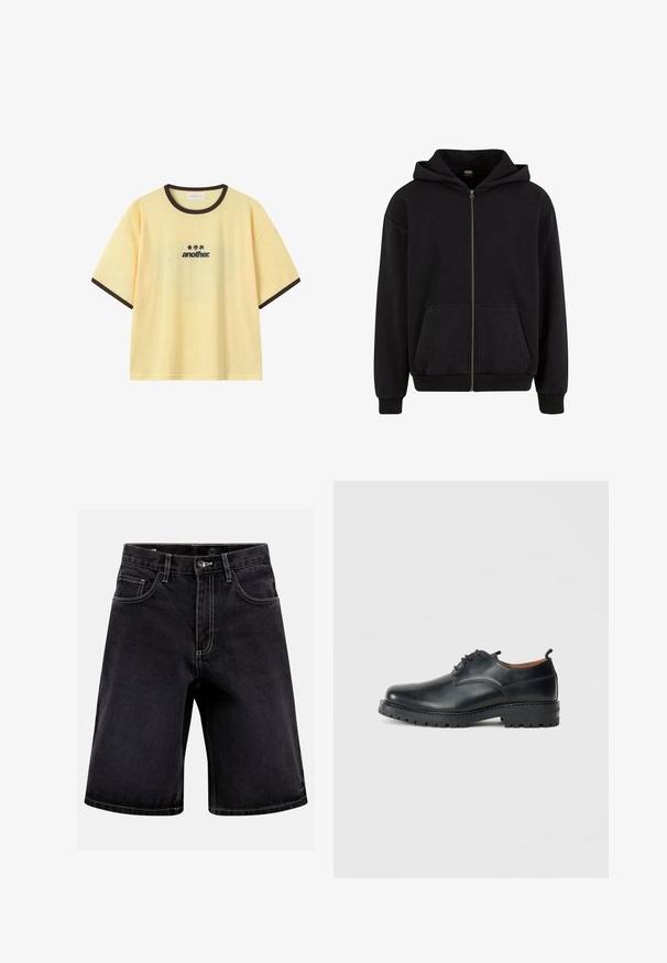 Urban Classics VINTAGE - Φούτερ με φερμουάρ - black; Κίτρινο μπλουζάκι με κοντά μανίκια και σκούρα καφέ λεπτομέρεια στο γιακά και τα μανίκια, με μαύρο κείμενο "another" και τρία μικρά εικονίδια πάνω από το κέντρο του στήθους.; Μαύρα σορτς από τζιν με κουμπί στο μπροστινό μέρος, φερμουάρ, θηλιές για ζώνη και σχέδιο με πέντε τσέπες σε απλό φόντο.; Μαύρα δερμάτινα παπούτσια derby με λεία υφή, στρογγυλή μύτη, σχέδιο με κορδόνια και χοντρή, ανθεκτική καουτσούκ σόλα.