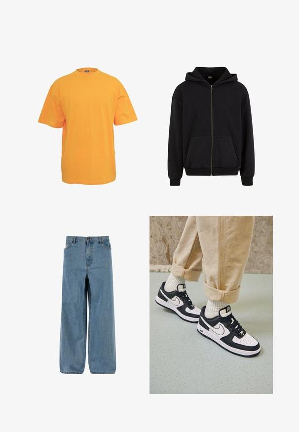 Urban Classics VINTAGE - Sweatjakke - black; Orange bomulds t-shirt med rund halsudskæring, korte ærmer og en afslappet pasform. Ingen mønstre eller detaljer. Glat tekstur.; Denim bredde ben bukser i lys blå. Har en knap- og lynlåslukning, fem lommer og en falmet tekstur for et klassisk look.; Sorte og hvide Nike Air Force 1 sneakers med læderoverdel, perforeret tå og tekstureret såldetalje, båret med rullede beige bukser og hvide sokker.