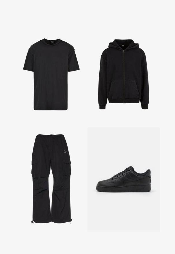 Urban Classics VINTAGE - Φούτερ με φερμουάρ - black; Μαύρο κοντομάνικο μπλουζάκι από βαμβάκι, με στρογγυλή λαιμόκοψη, άνετη εφαρμογή και μίνιμαλ ραφές στους ώμους.; Μαύρο παντελόνι cargo από ελαφρύ υλικό, με ελαστική μέση και κορδόνι, πλαϊνές τσέπες και ρυθμιζόμενους ιμάντες στους αστραγάλους.; Nike Sportswear AIR FORCE 1 07 FLYEASE - Αθλητικά παπούτσια - black