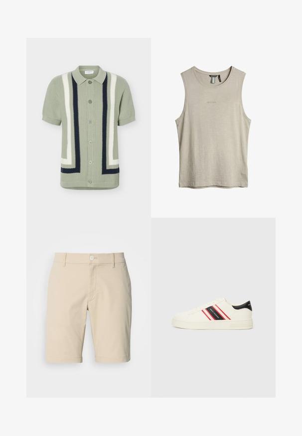 Cárdigan de punto verde claro de manga corta con cierre de botones, cuello vuelto y rayas geométricas verticales en blanco y azul marino oscuro.; Camiseta beige sin mangas con cuello redondo y discreto logo "MORATO" bordado en el pecho y etiquetas de la marca en el interior del cuello.; Bermudas de algodón beige con frente plano, cierre de botón y presillas para cinturón. Presenta bolsillos y un diseño de pierna recta. Textura suave.; Las zapatillas de color crema presentan tres rayas rojas y negras, un acento en el talón negro y una suela de goma texturizada. Tela suave y diseño con cordones.