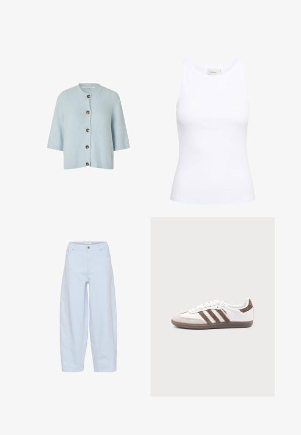 Lyseblå strikket cardigan med rund halsudskæring, korte ærmer og seks brune knapper foran. Blød tekstur og afslappet design.; Hvid ribbet tanktop med rund halsudskæring og uden ærmer. Strækbart stof og tætsiddende design. Etiketten bagpå viser "GESTUZ."; Lysblå bredbenede jeans lavet af denim, med et klassisk femlomme-design, knaplukning og pæne stikninger.; Hvid Adidas Samba sneaker med brune ruskindstriber, brun gummisål og beige ruskindståhætte, vist fra ydersiden på en ensfarvet baggrund.