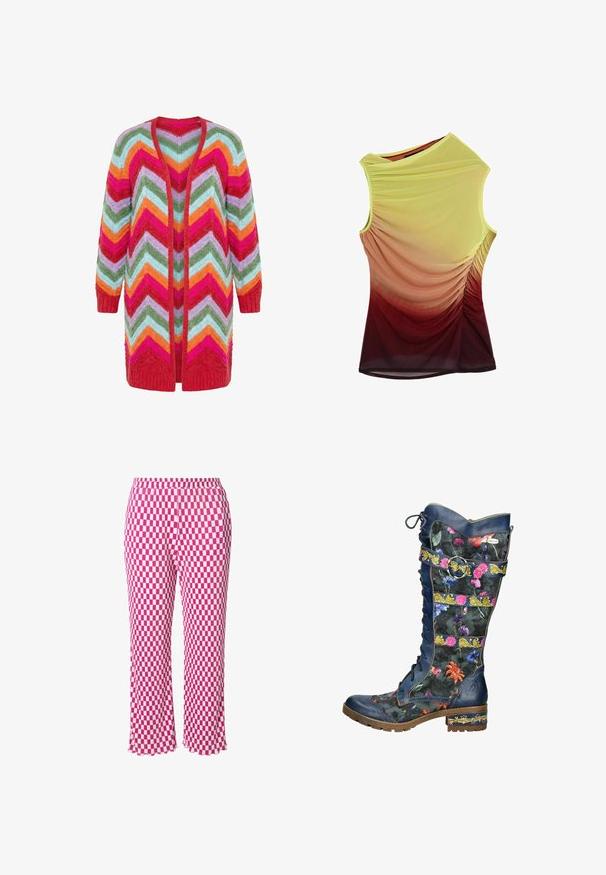 Lang åben cardigan med chevron-striber i rød, pink, orange, grøn, blå og lilla, med ribkanter på ærmer og kant.; Ærmeløs top med asymmetrisk halsudskæring, rynkede sider og graduerede farver, der falmer fra gul til bordeaux.; Lyserøde og hvide ternede bukser med elastisk talje, cropped længde og en let bølget kant. Fremstillet af let ribbet stof.; Støvler til knæene med et mørkt blomsterprint på stoffet, blå læderdetaljer, en rund tå, snørebånd foran og en dekorativ rem.
