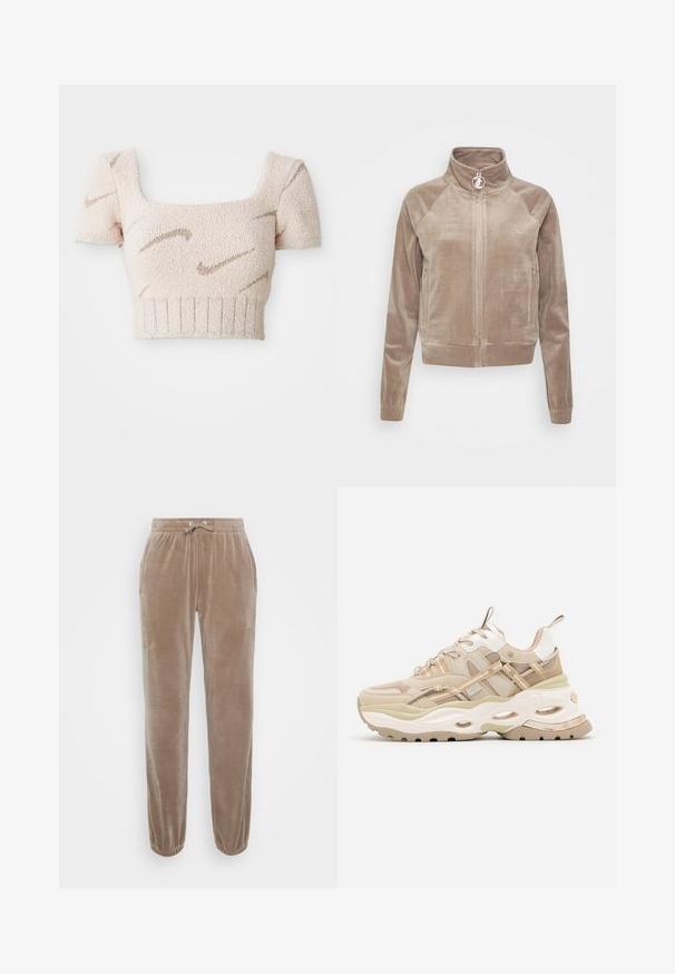 Fluwelen zip-up jas in lichtbeige, met raglanmouwen, een opstaande kraag en een logoprint op de borst. Zachte textuur, getailleerd ontwerp.; Korte mouwen, cropped top in zachte, gestructureerde stof. Lichtroze kleur met bruine, golfachtige patronen. Vierkante halslijn en ribbelzoom.; Lichtbruine sweatpants van zachte fluweel, met een elastische tailleband met trekkoord, zijzakken en taps toelopende boorden.; Beige en witte chunky sneaker met dikke zool, mesh- en leren panelen, ovale uitsparingen in de tussenzool, trekriemen op de tong en hiel.
