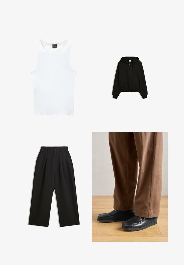 Sweat à capuche noir zippé avec poches avant, cordons à la capuche et poignets côtelés, présenté à plat sur fond blanc.; Débardeur blanc sans manches en coton côtelé. Présente un col rond et une texture lisse. L'étiquette indique "PULL&BEAR."; Pantalons noirs à coupe décontractée, avec des plis à l'avant, des poches latérales et une fermeture à bouton. Fabriqués en tissu texturé.; Chaussures en cuir noir au design mocassin avec des détails de couture, accompagnées de pantalons bruns, sur un sol en bois.