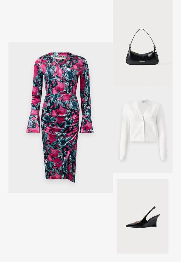 Valkoinen lyhyt neuletakki, jossa on V-pääntie, napitus edessä ja ribbireunat, joissa on reikäyksityiskohtia. Pehmeä kangas, jonka pinta on sileä.; Diane von Furstenberg ZANE DRESS - Juhlamekko - indian pink; Musta lakatun nahkan nauhakiila, jossa on kapea säädettävä nilkkahihna ja kärkiosa on terävä.; Musta nahkainen olkalaukku kultaisella vetoketjulla ja "LOVE MOSCHINO" logolla edessä, jossa kaareva yläkahva.