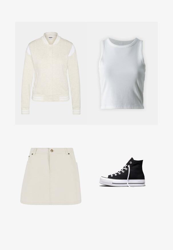 Veste bomber crème clair en tissu doux. Présente des accents de rayures blanches sur les épaules et les poignets. Fermeture à bouton-pression à l'avant et poches latérales.; Débardeur blanc côtelé avec un décolleté rond et sans manches, présentant un ourlet droit et une texture lisse et extensible.; Mini jupe en denim de couleur beige clair, dotée d'une taille haute, de deux poches avant et d'accents en bouton bronze. Texture lisse et design simple.; Baskets montantes en toile noire avec semelle en caoutchouc blanche et lacets blancs, vues de côté sur un fond blanc.