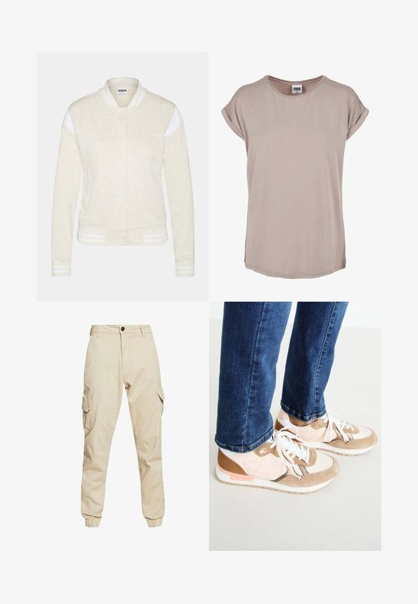 Chaqueta bomber de color crema claro, confeccionada en un tejido suave. Presenta detalles de rayas blancas en los hombros y los puños. Cierre frontal con botones de presión y bolsillos laterales.; Camiseta de color beige pálido hecha de tejido suave, con cuello redondo y mangas cortas enrolladas, con aberturas laterales y un ajuste relajado.; Pantalones cargo beige con un corte clásico, que cuentan con dos bolsillos laterales, puños elásticos y una suave tela de algodón con una textura lisa.; Zapatillas con una mezcla de piel en color rosa empolvado y ante beige, con cordones blancos, una entresuela blanca y una suela de goma texturizada. Jeans de mezclilla ligeramente recortados por encima del zapato.