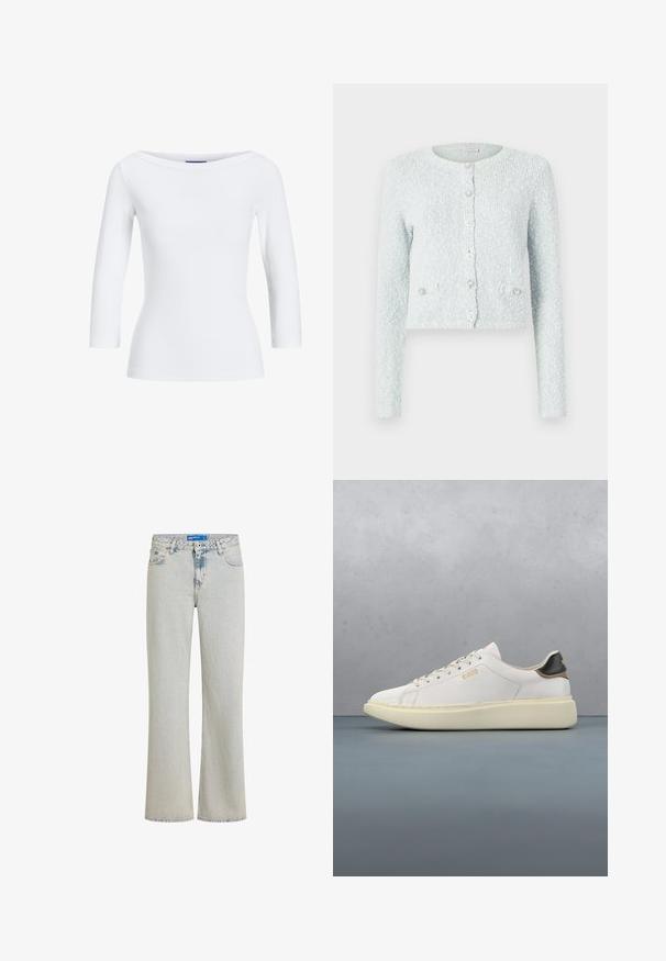 Lyseblå cropped cardigan lavet af tekstureret stof, med lange ærmer, rund halslinning og fem knapper med dekorative detaljer.; Hvid, ribbet langærmet top med bådudskæring. Stoffet er glat, tætsiddende og har en ren afslutning ved manchetterne og kanten.; Lyseblå jeans med høj talje og lige ben, med forlommer og knaplukning, der har let falmet detalje nær lynlåsområdet.; Hvide sneakers med en glat læderoverdel, har en tan- og sort læderhælbrik, runde snørebånd og en kraftig beige gummisål. Guld logo detaljer.