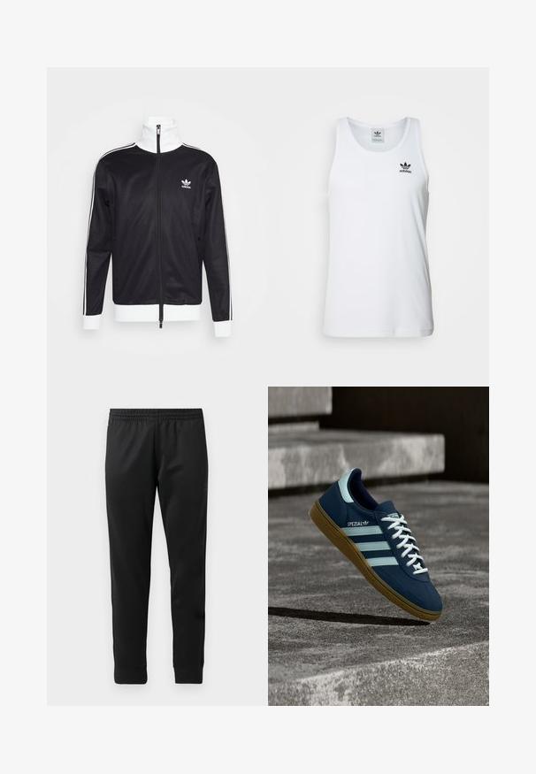 Chaqueta deportiva negra con detalles blancos, cierre completo, cuello alto, mangas largas y logo de Adidas en el lado izquierdo del pecho. Textura de tela suave.; Top sin mangas blanco con canalé y escote redondo, logo negro de Adidas en el lado izquierdo del pecho. Material de algodón suave, corte casual.; Pantalones deportivos negros hechos de una tela suave, con una cinturilla elástica, piernas ajustadas y puños ribeteados en los tobillos.; Zapatilla azul Adidas Spezial con rayas y cordones blancos, suela de goma, flotando sobre una superficie de hormigón rugosa y escaleras de fondo.